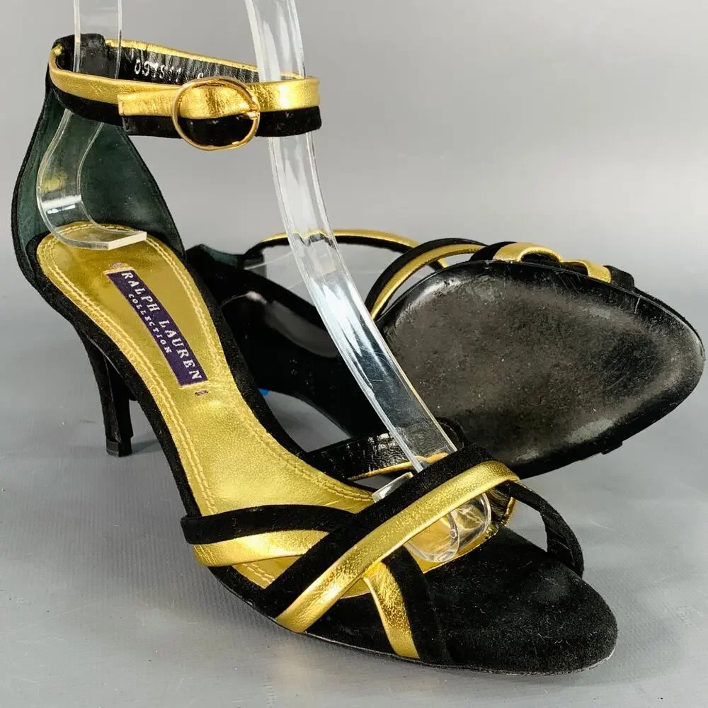 RALPH LAUREN 6 Black Metallic Gold Suede Leather Strappy Ankle Strap Sandals